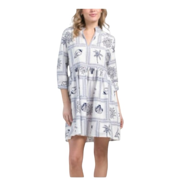 Calypso St.Barth blue & white cotton shell print 3/4 sleeve Zoe mini dress M - Picture 3 of 10